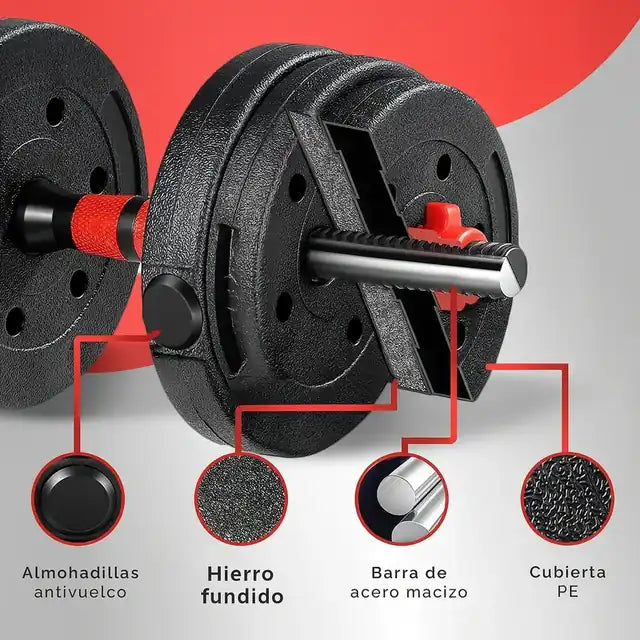 🔥 Kit Mancuernas 40 KG + ¡Barra Larga Extensora GRATIS!