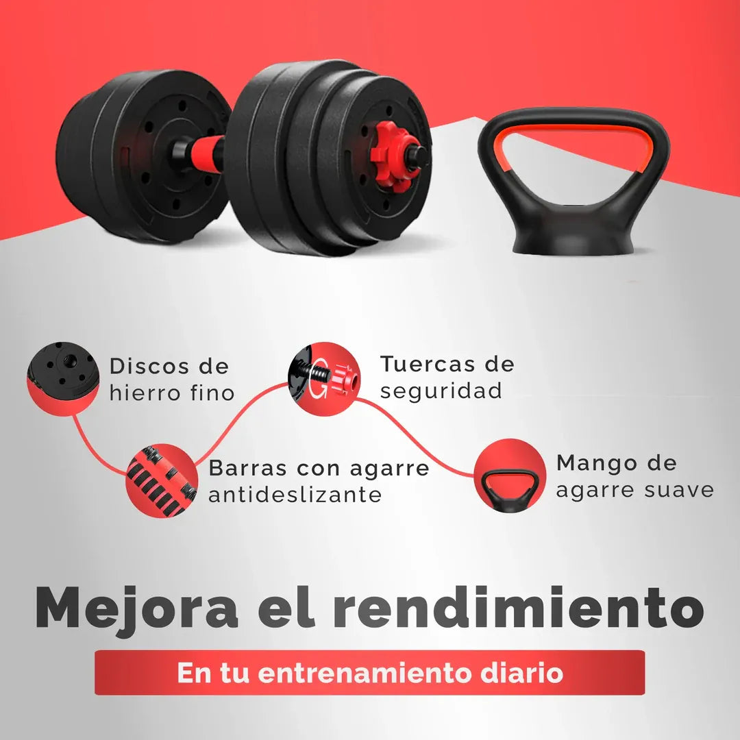 🔥 Kit Mancuernas 40 KG + ¡Barra Larga Extensora GRATIS!